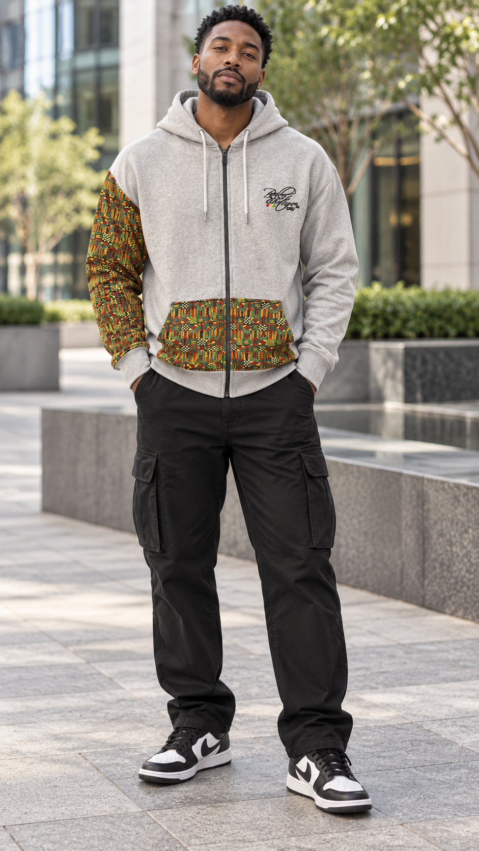 Afro-Fusion Hoodie – Unisex Ankara Print Grey Pullover Hoodie