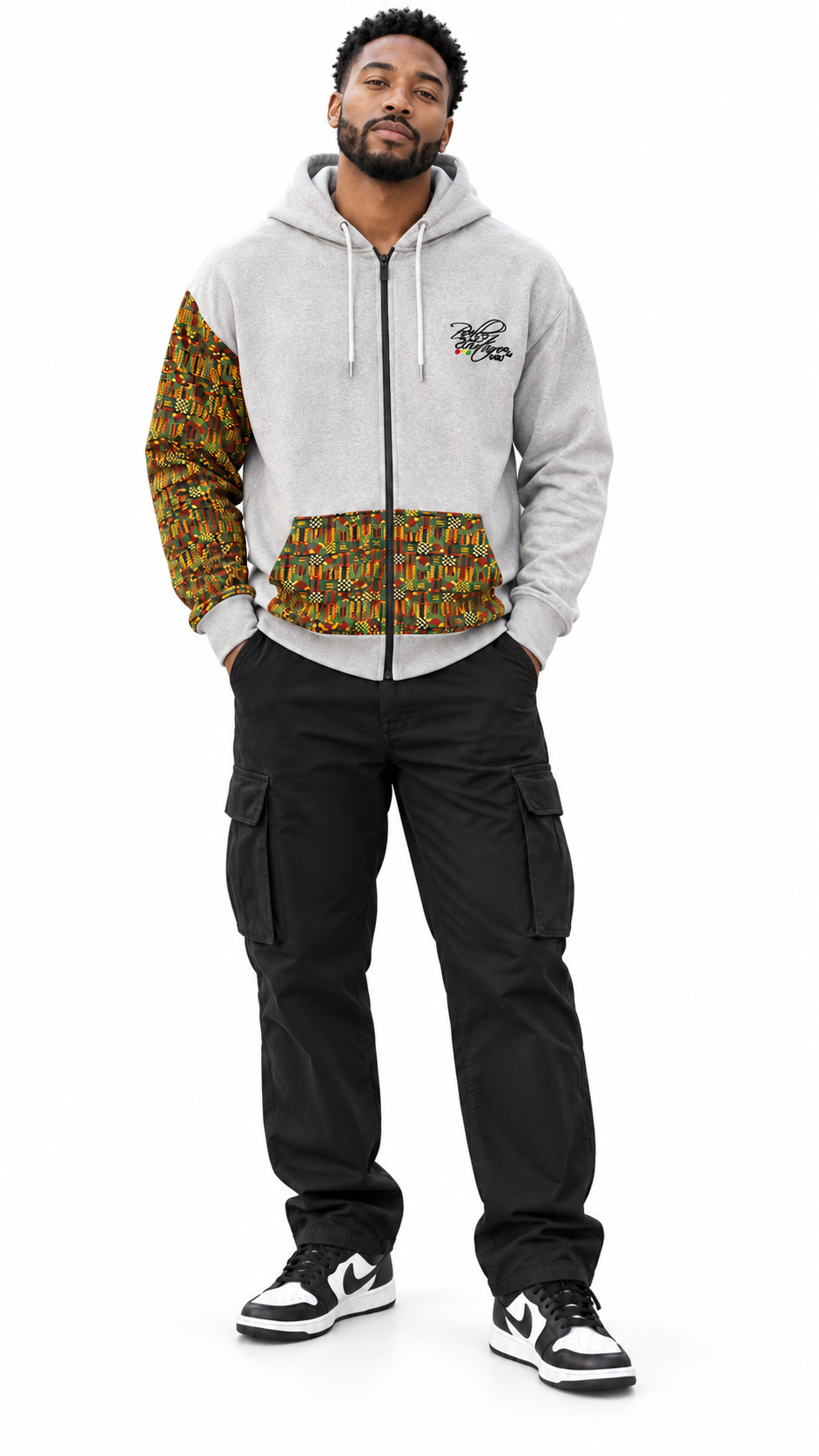 Afro-Fusion Hoodie – Unisex Ankara Print Grey Pullover Hoodie