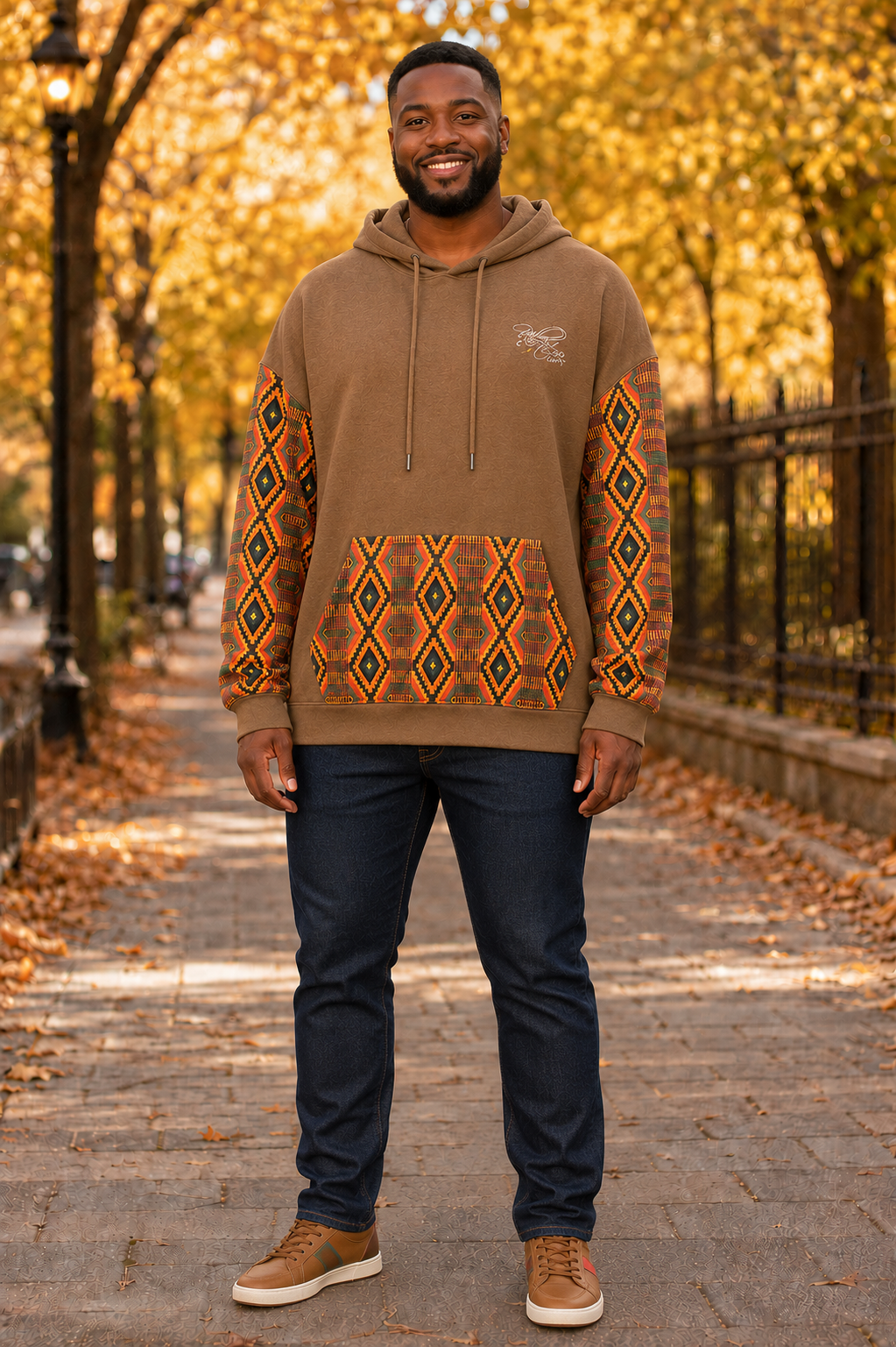 Afro-Fusion Hoodie – Unisex Ankara Print Brown Pullover Hoodie
