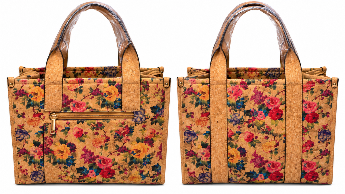 Floral Cork Tote Bag – Large Botanical Print Shoulder Handbag