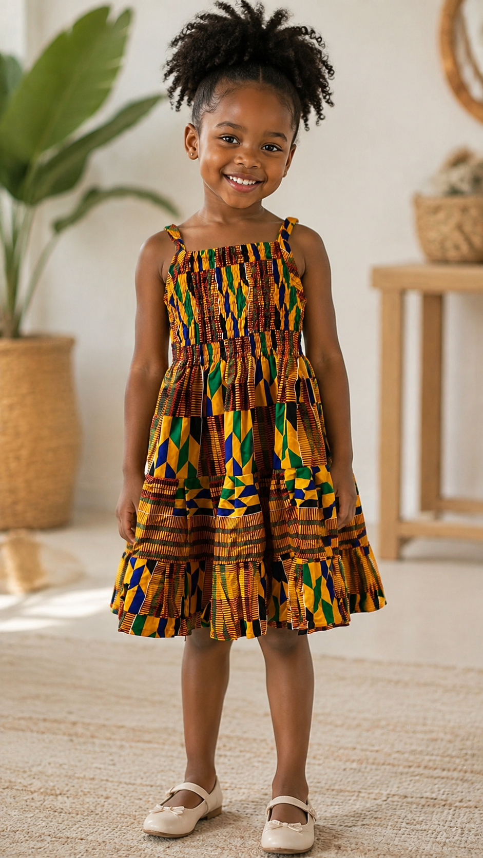 Abeni Kente African Print Girls Dress – Kids Smocked Tiered Ankara Dress