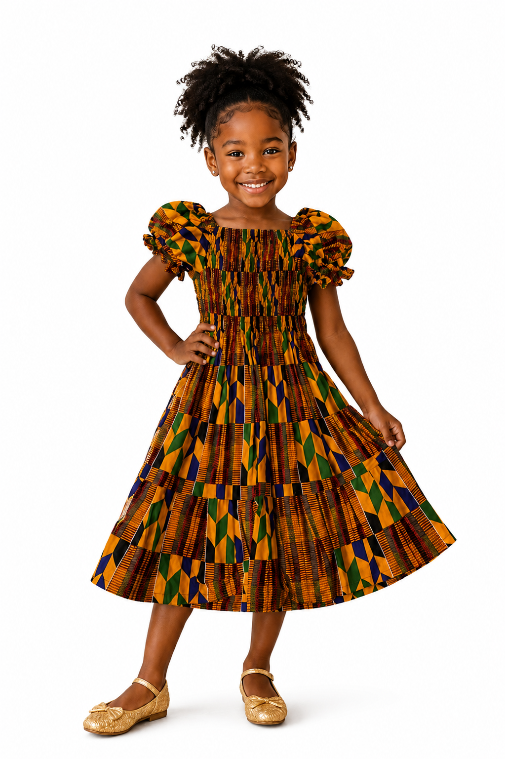 Ayana Kente African Print Girls Dress – Kids Puff Sleeve Ankara Occasion Dress