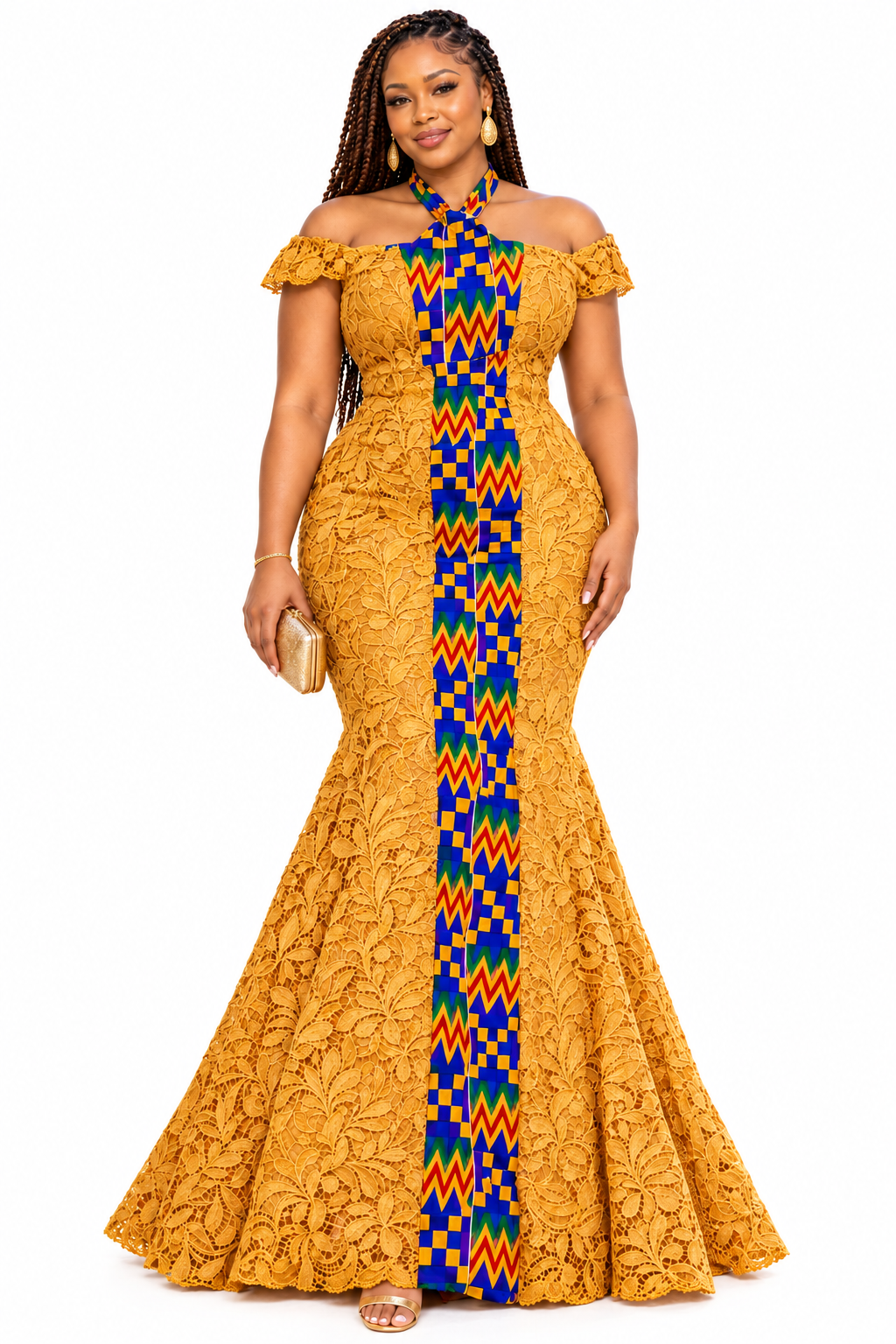 Ashanti Mustard Gold Lace African Print Off-Shoulder Mermaid Maxi Dress