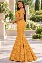 Ashanti Mustard Gold Lace African Print Off-Shoulder Mermaid Maxi Dress