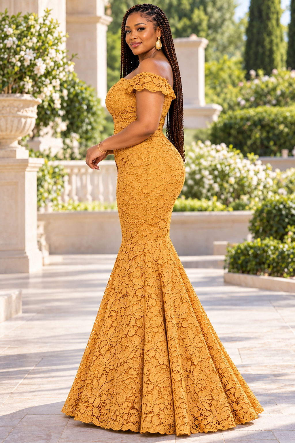 Ashanti Mustard Gold Lace African Print Off-Shoulder Mermaid Maxi Dress