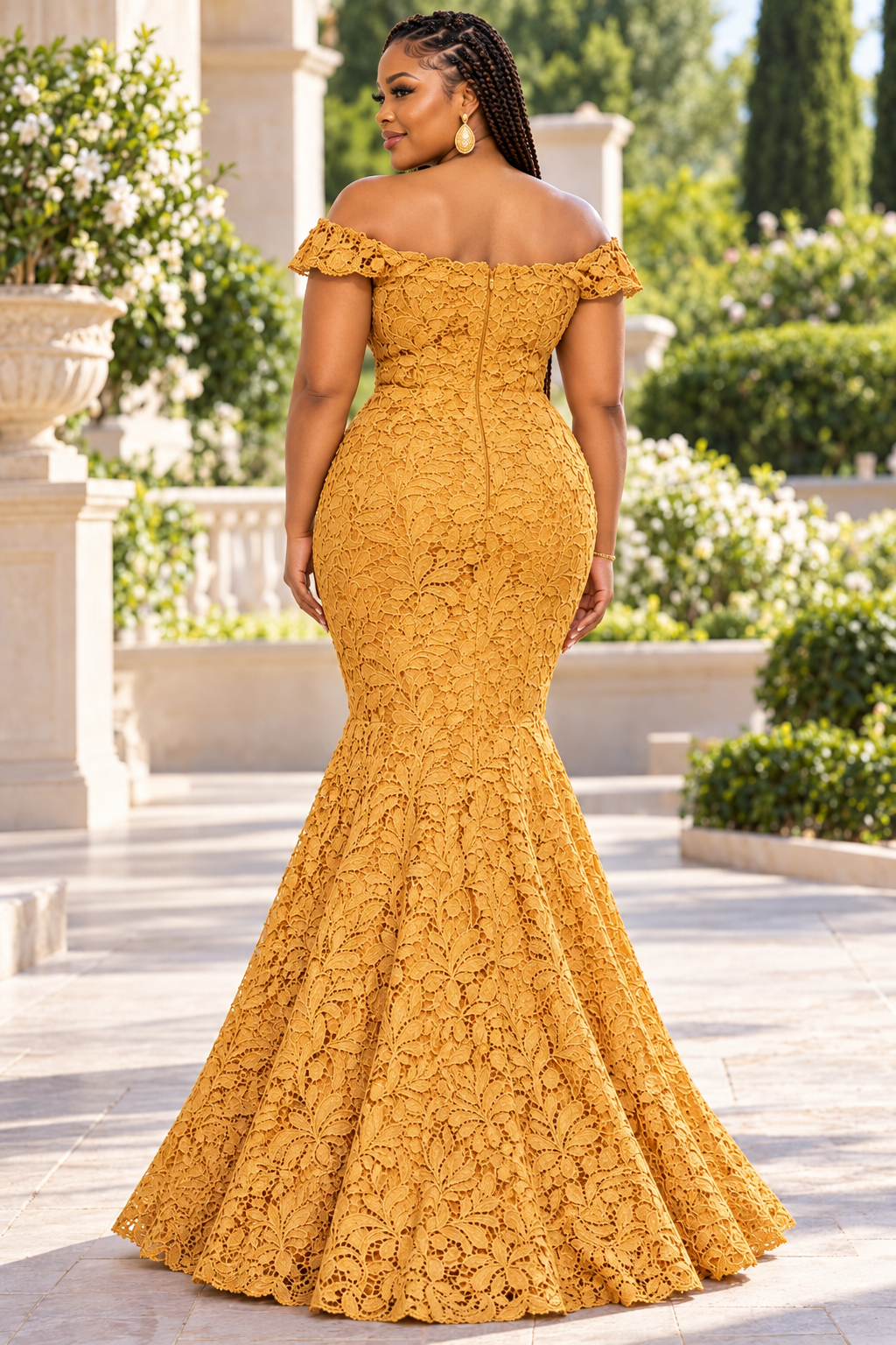 Ashanti Mustard Gold Lace African Print Off-Shoulder Mermaid Maxi Dress