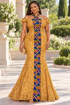 Ashanti Mustard Gold Lace African Print Off-Shoulder Mermaid Maxi Dress