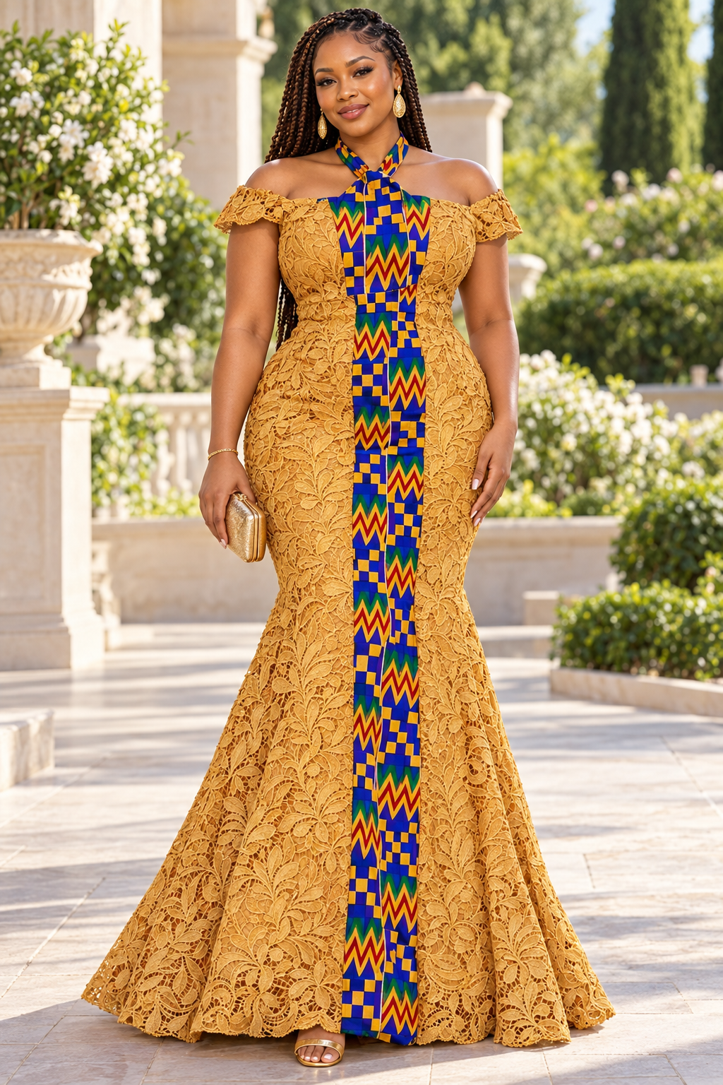 Ashanti Mustard Gold Lace African Print Off-Shoulder Mermaid Maxi Dress