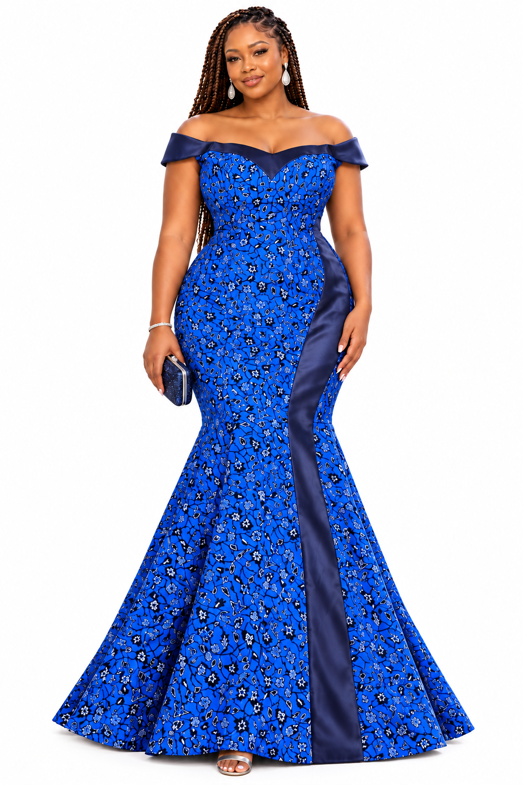Ama Royal Blue African Print Off-Shoulder Mermaid Maxi Dress