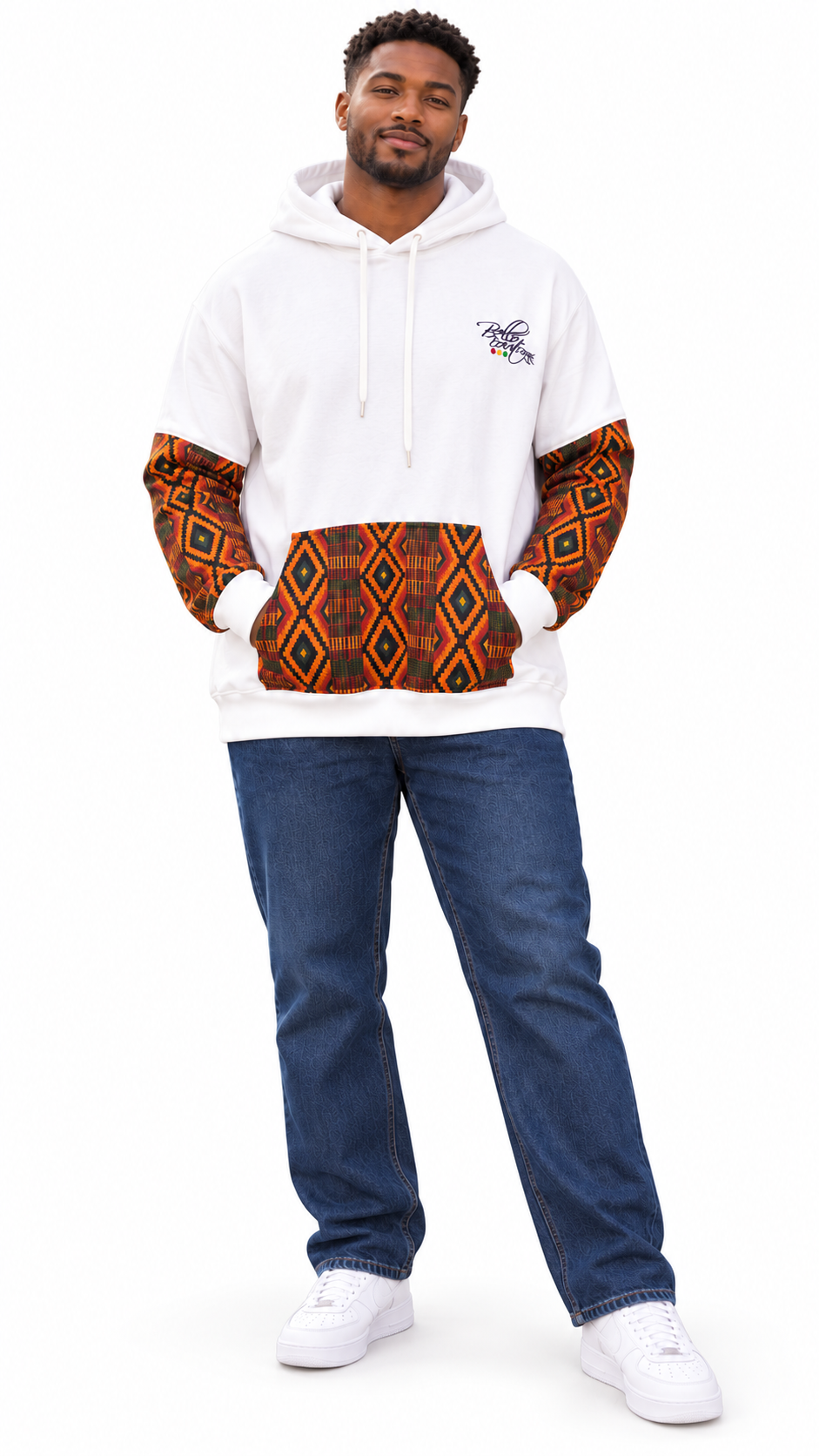 Afro-Fusion Hoodie – Unisex Ankara Print White Pullover Hoodie