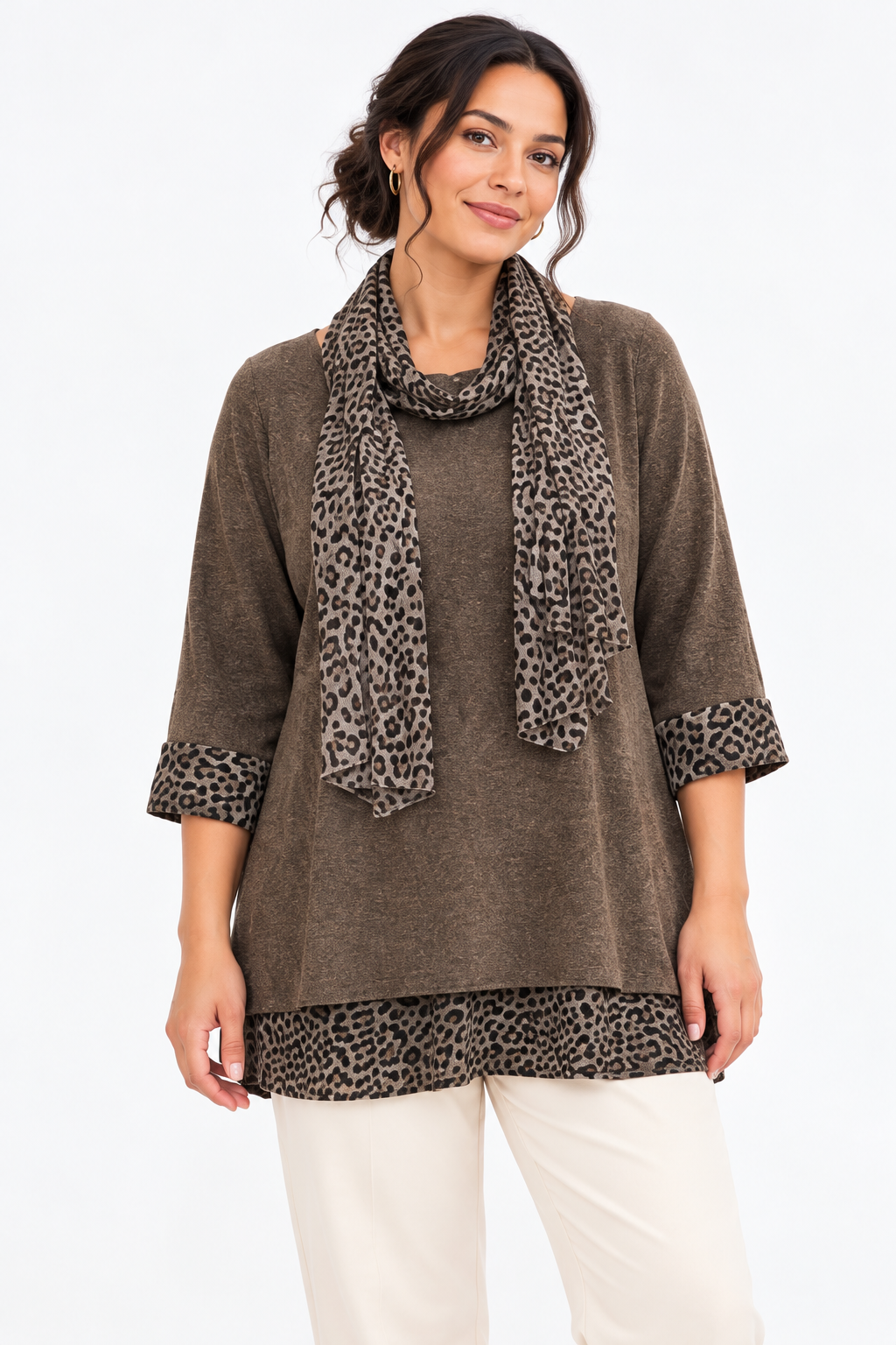 Women's Leopard Print Trim Tunic Top with Matching Scarf – Relaxed Fit – 11 Colours