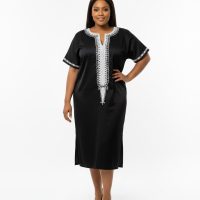Black Embroidered Midi Kaftan Dress – Short Sleeve Relaxed Fit Dress