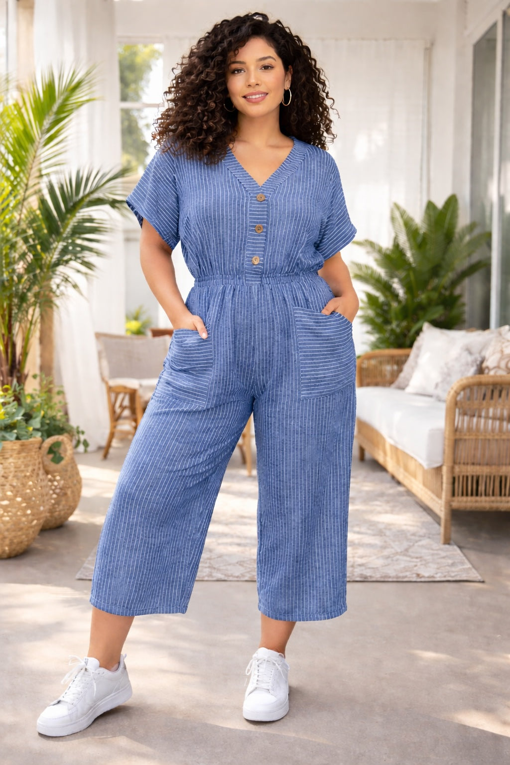 Women’s Striped Cotton Wide-Leg Button Detail Jumpsuit