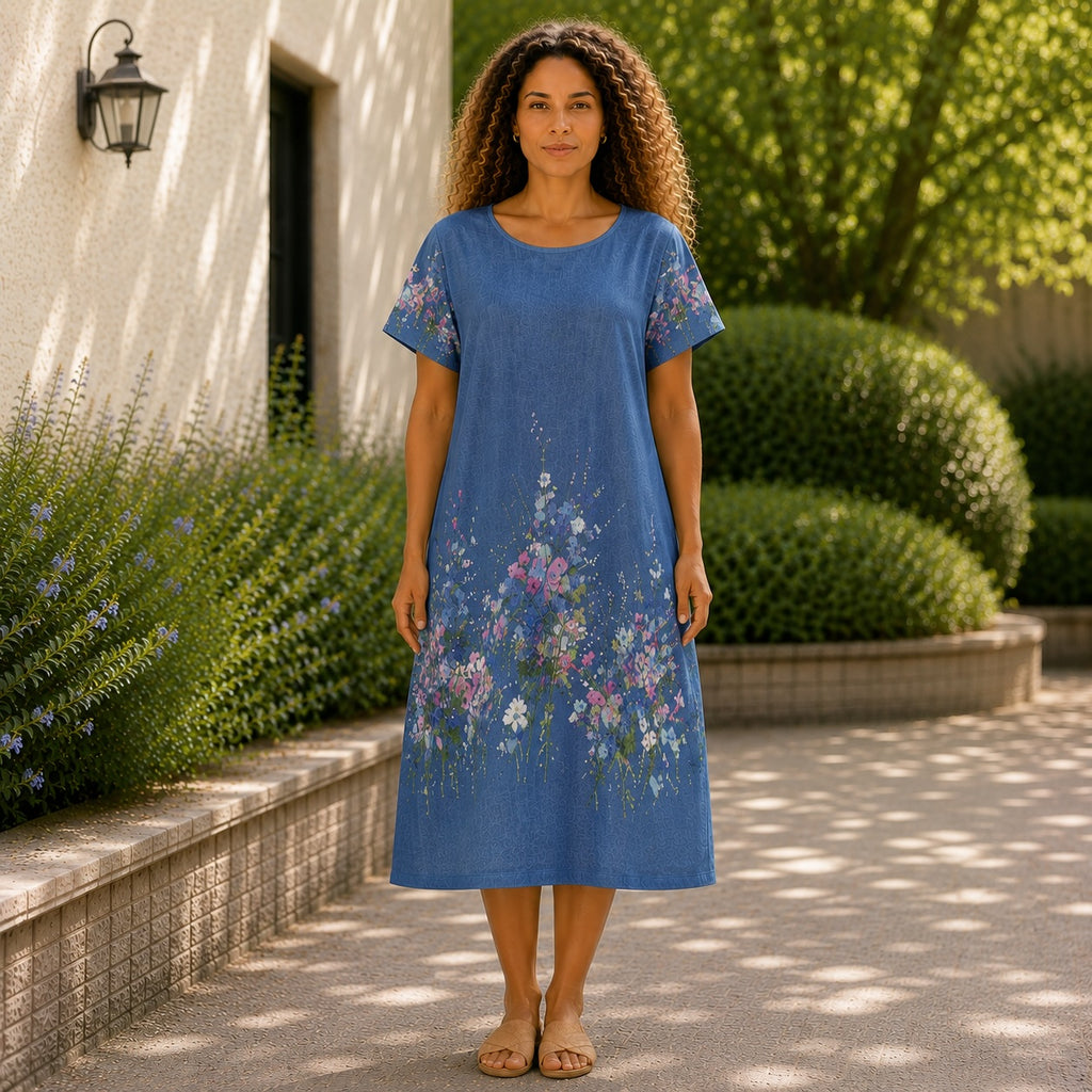 Women’s Floral Print Linen Tunic Short Sleeve Dress – Free Size