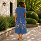 Women’s Floral Print Linen Tunic Short Sleeve Dress – Free Size