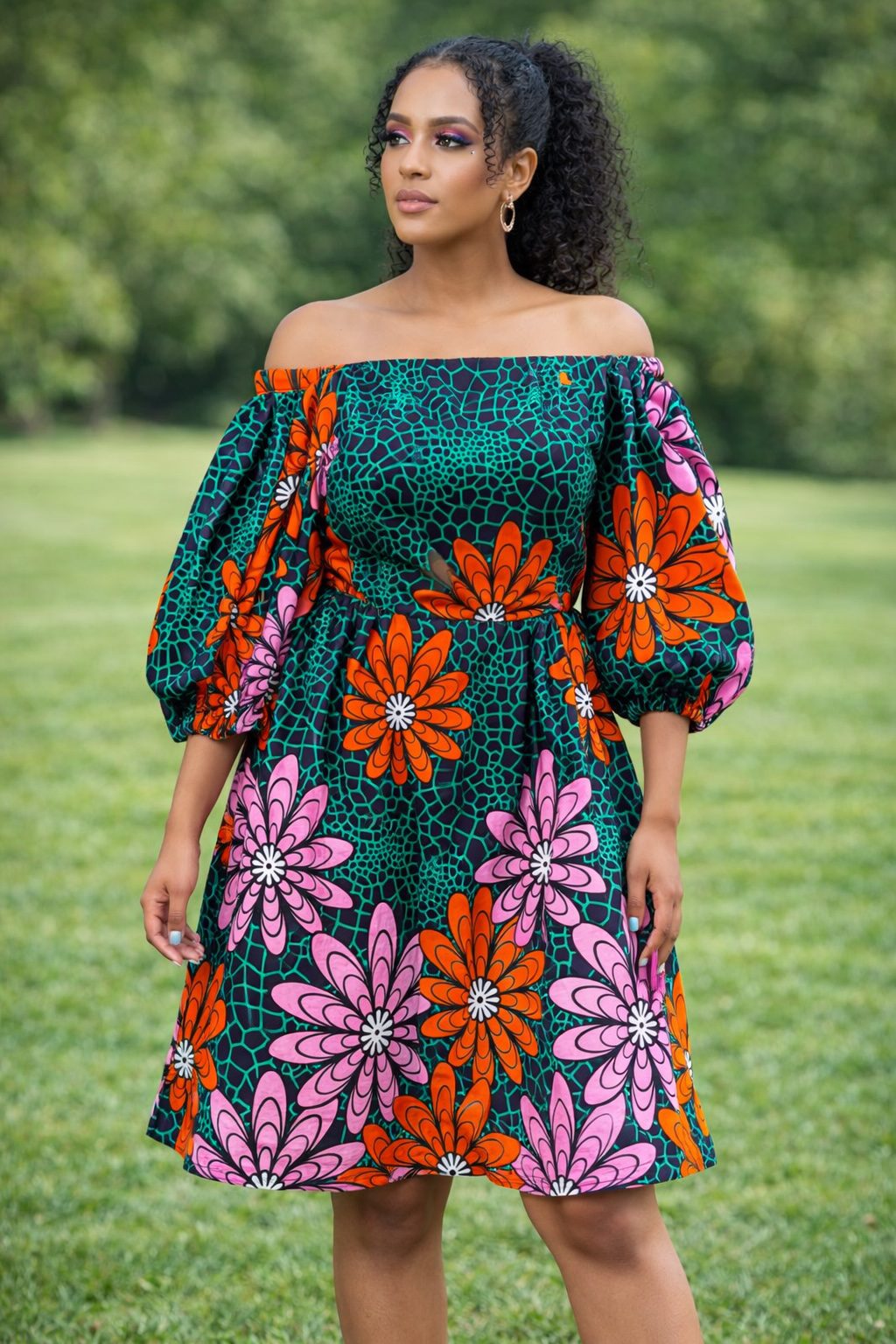 Elegant Off-Shoulder African Print Floral Dress – Bold Ankara Puff Sleeve Dress