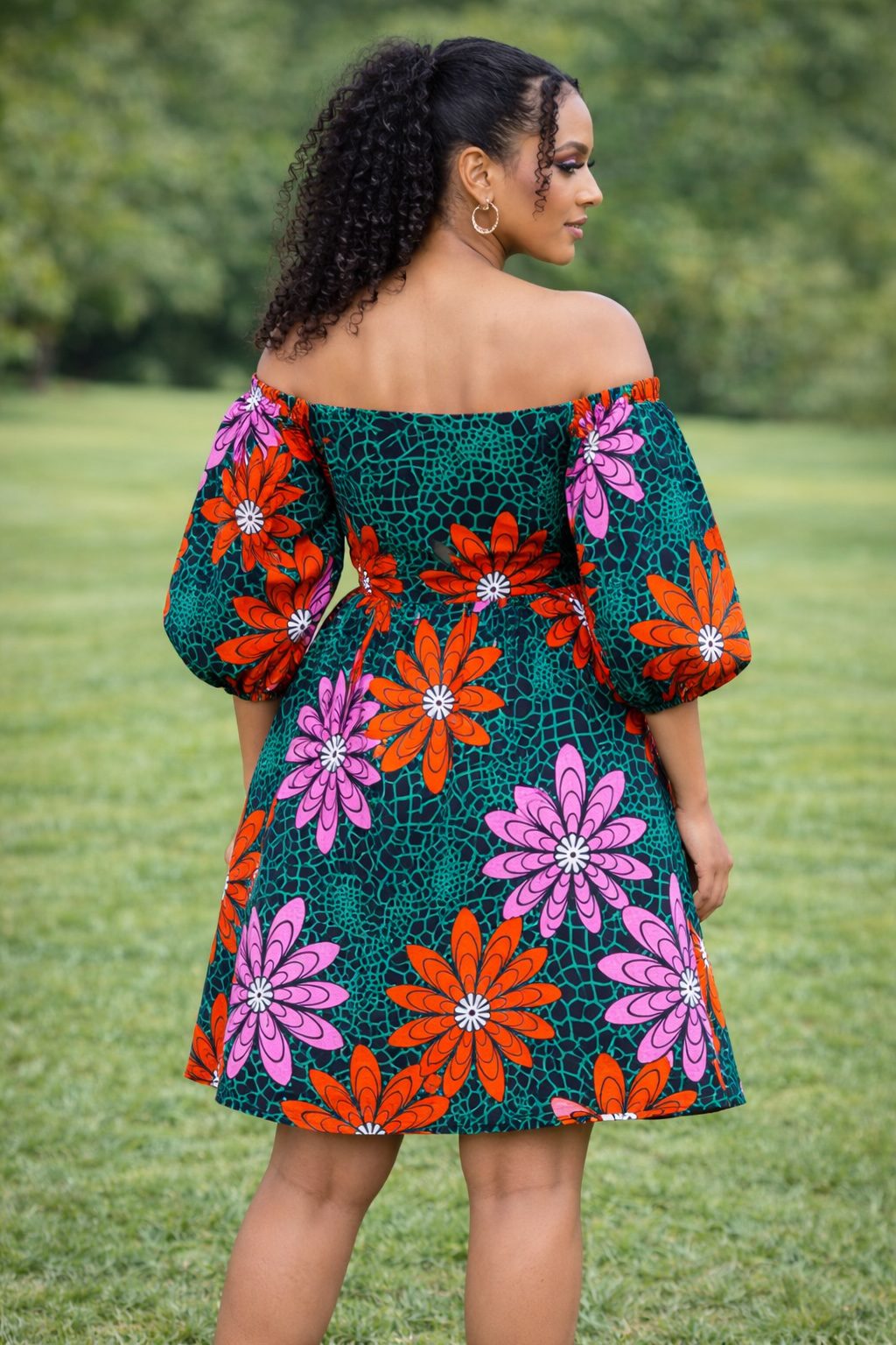 Elegant Off-Shoulder African Print Floral Dress – Bold Ankara Puff Sleeve Dress