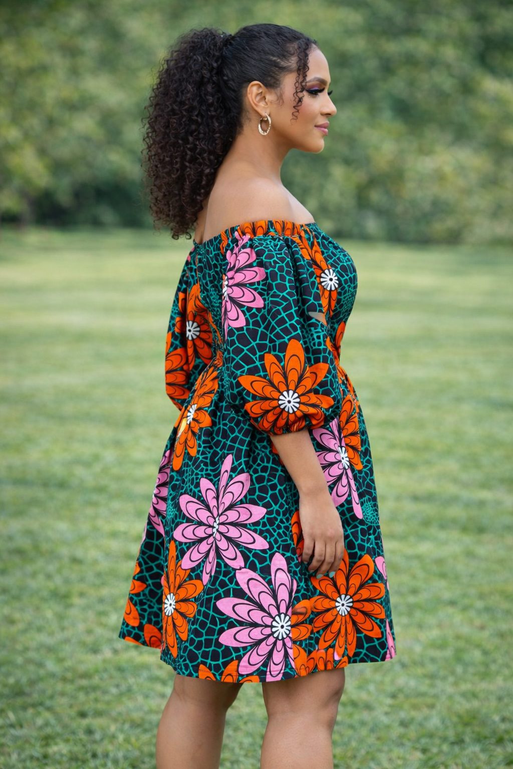 Elegant Off-Shoulder African Print Floral Dress – Bold Ankara Puff Sleeve Dress