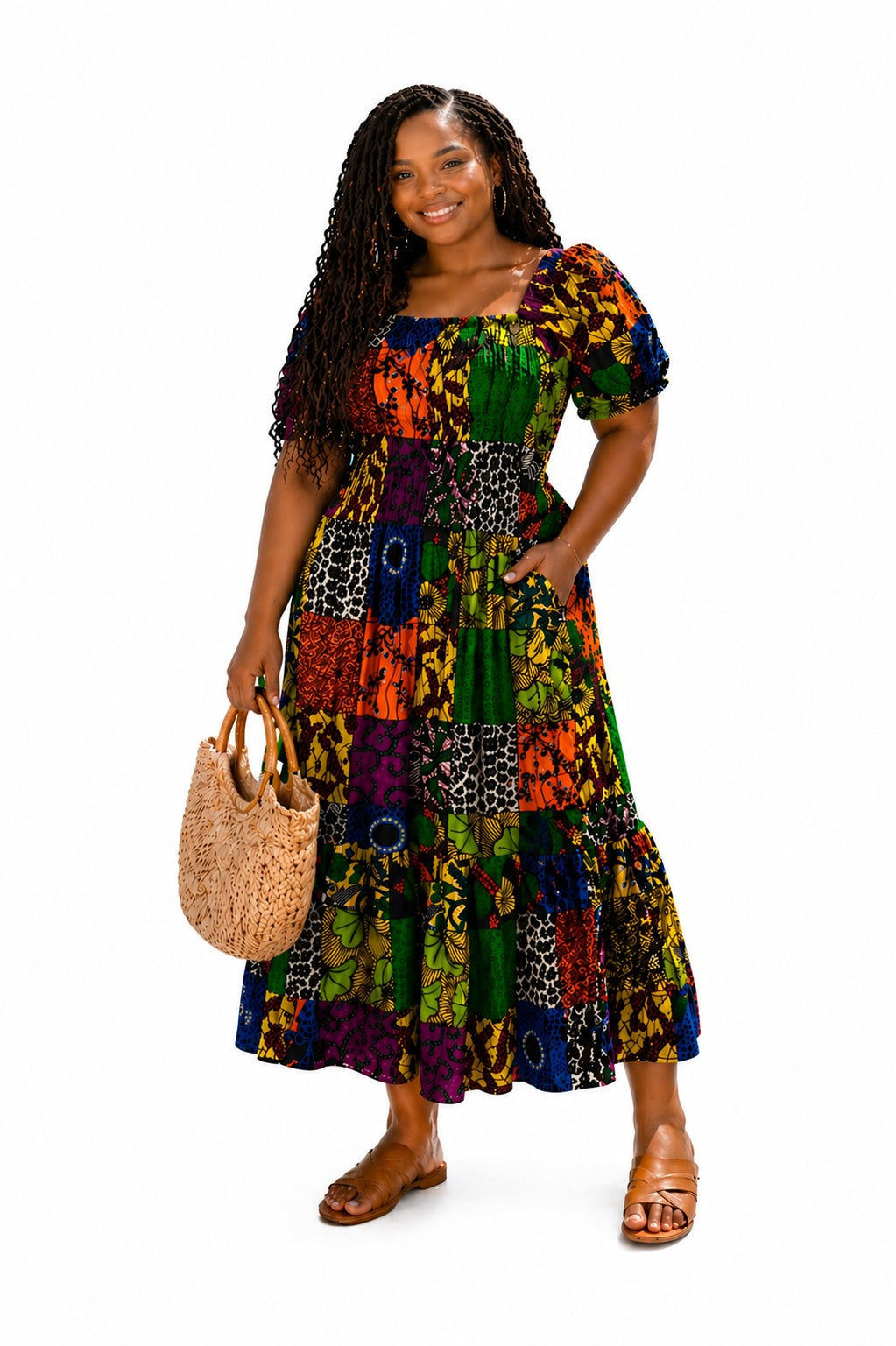 Women’s African Patchwork Print Midi Dress, Ankara Smock Dress with Pockets, Multicolour Casual Summer Dress