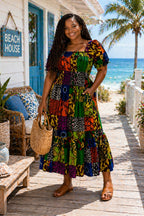 Women’s African Patchwork Print Midi Dress, Ankara Smock Dress with Pockets, Multicolour Casual Summer Dress