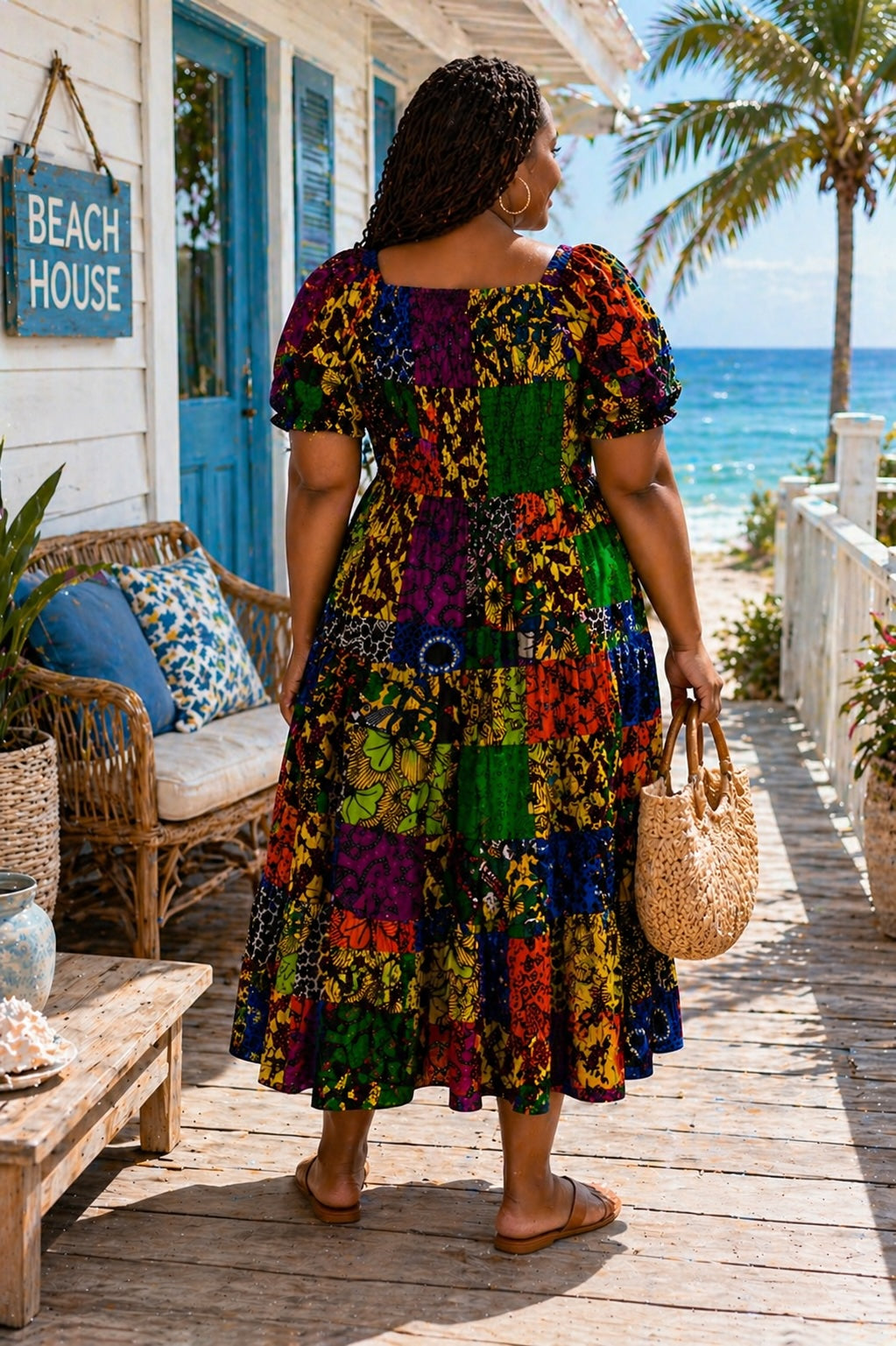 Women’s African Patchwork Print Midi Dress, Ankara Smock Dress with Pockets, Multicolour Casual Summer Dress