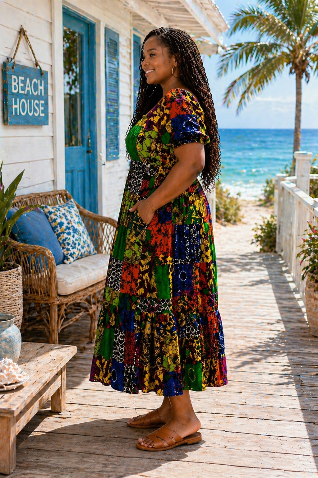 Women’s African Patchwork Print Midi Dress, Ankara Smock Dress with Pockets, Multicolour Casual Summer Dress