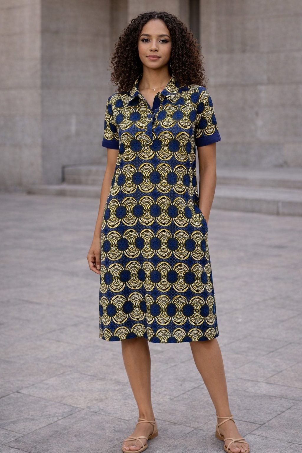 Blue African Print Shirt Midi Dress