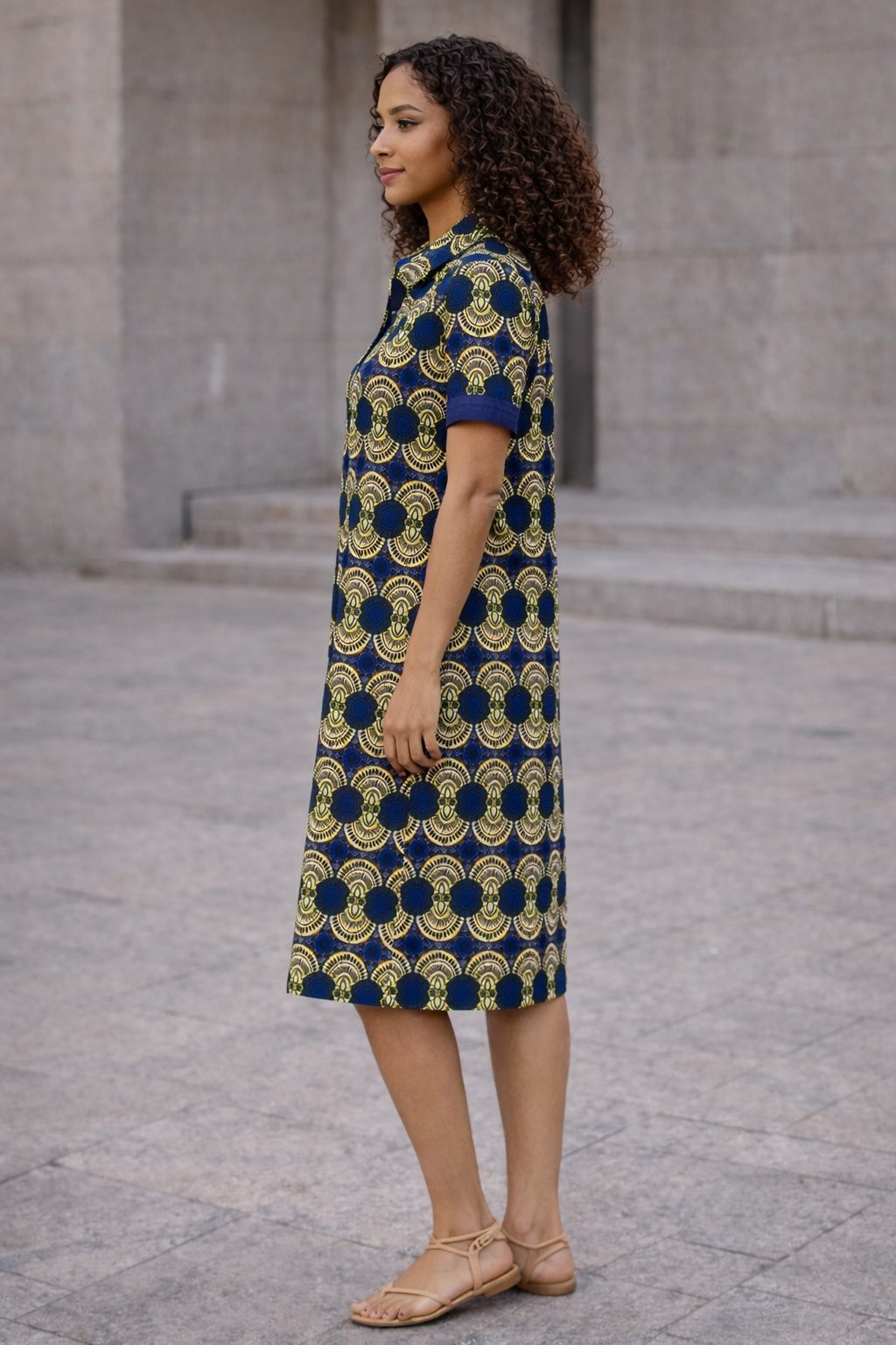 Blue African Print Shirt Midi Dress