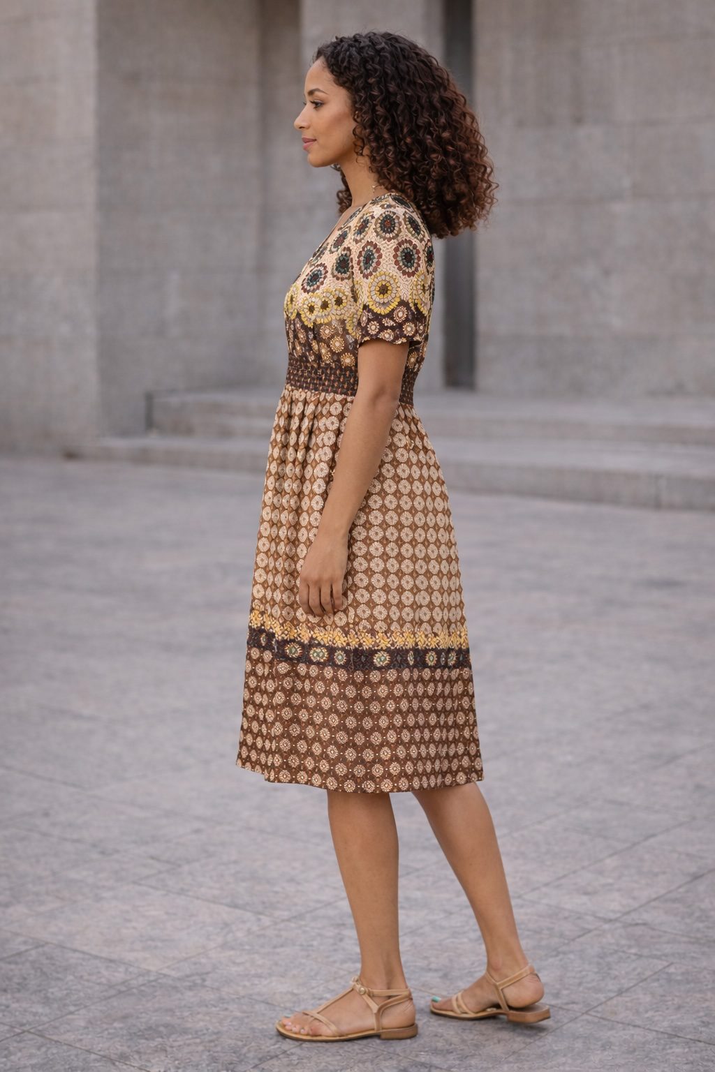 Brown African Print Fit and Flare Midi Dress