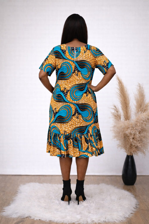 African Print Drop-Waist Midi Dress – Teal & Mustard Swirl