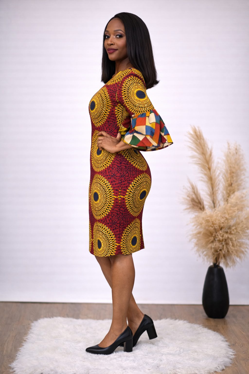 Red African Print Fitted Dress with Statement Bell Sleeves