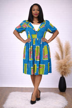 Blue African Print Fit and Flare Midi Dress