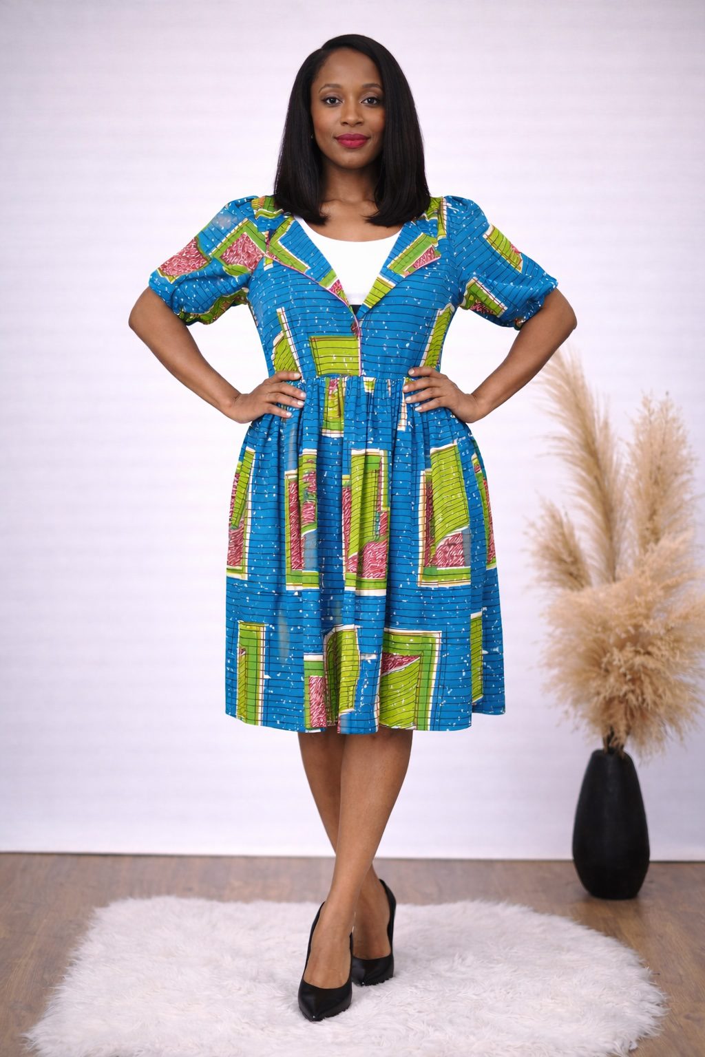 Blue African Print Fit and Flare Midi Dress