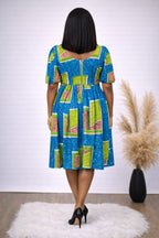 Blue African Print Fit and Flare Midi Dress