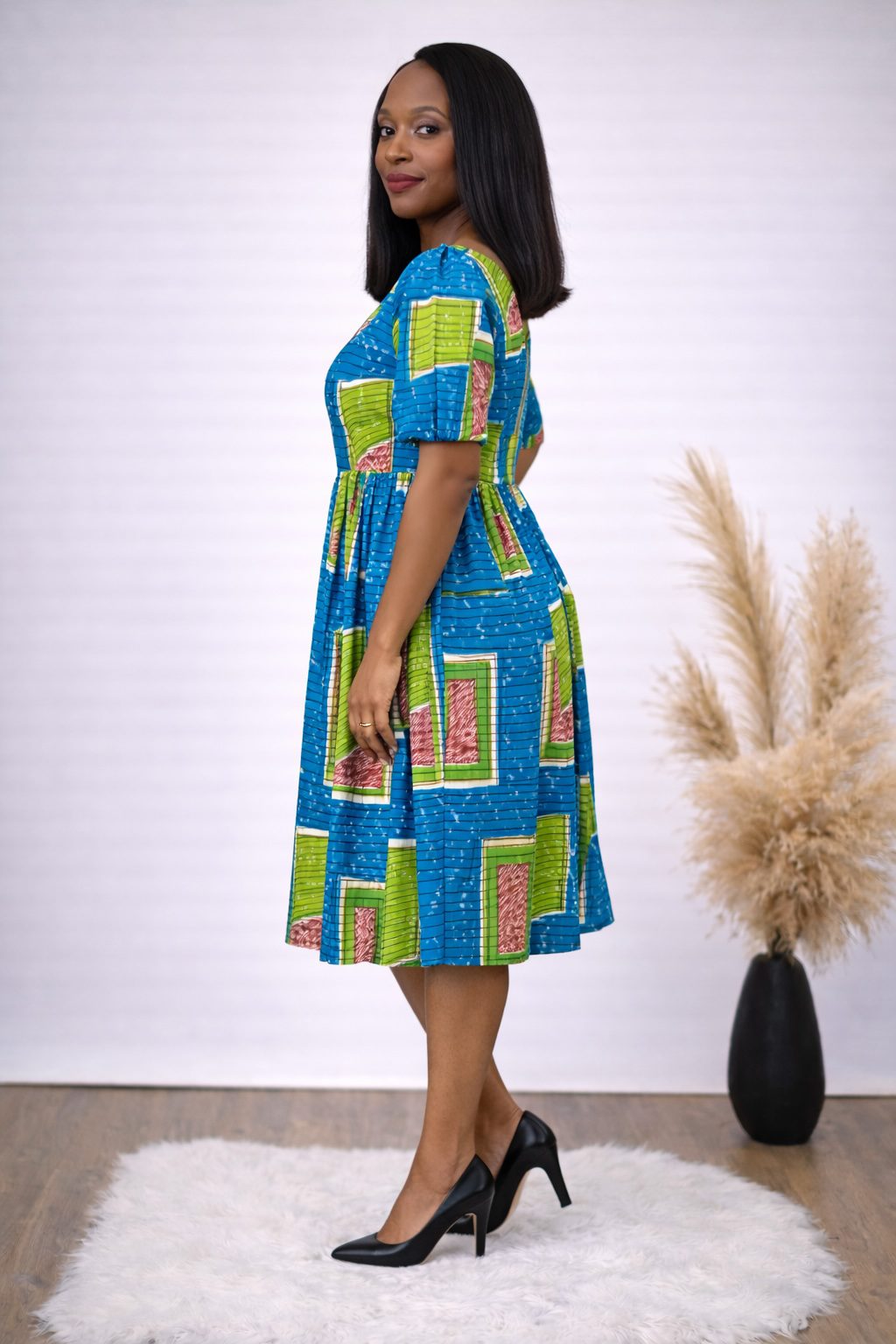 Blue African Print Fit and Flare Midi Dress