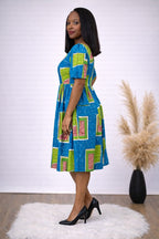 Blue African Print Fit and Flare Midi Dress