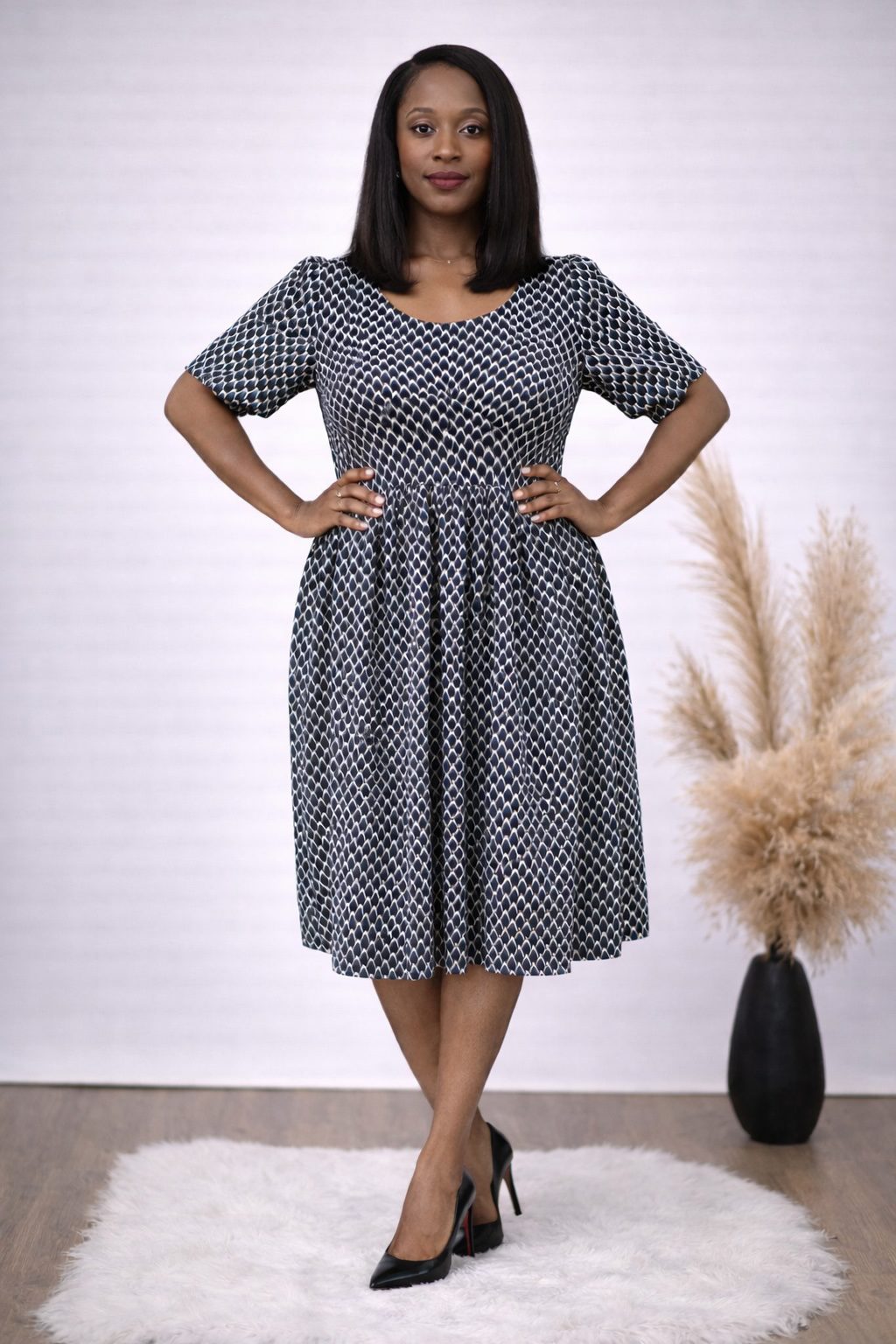 Monochrome African Print Fit and Flare Midi Dress