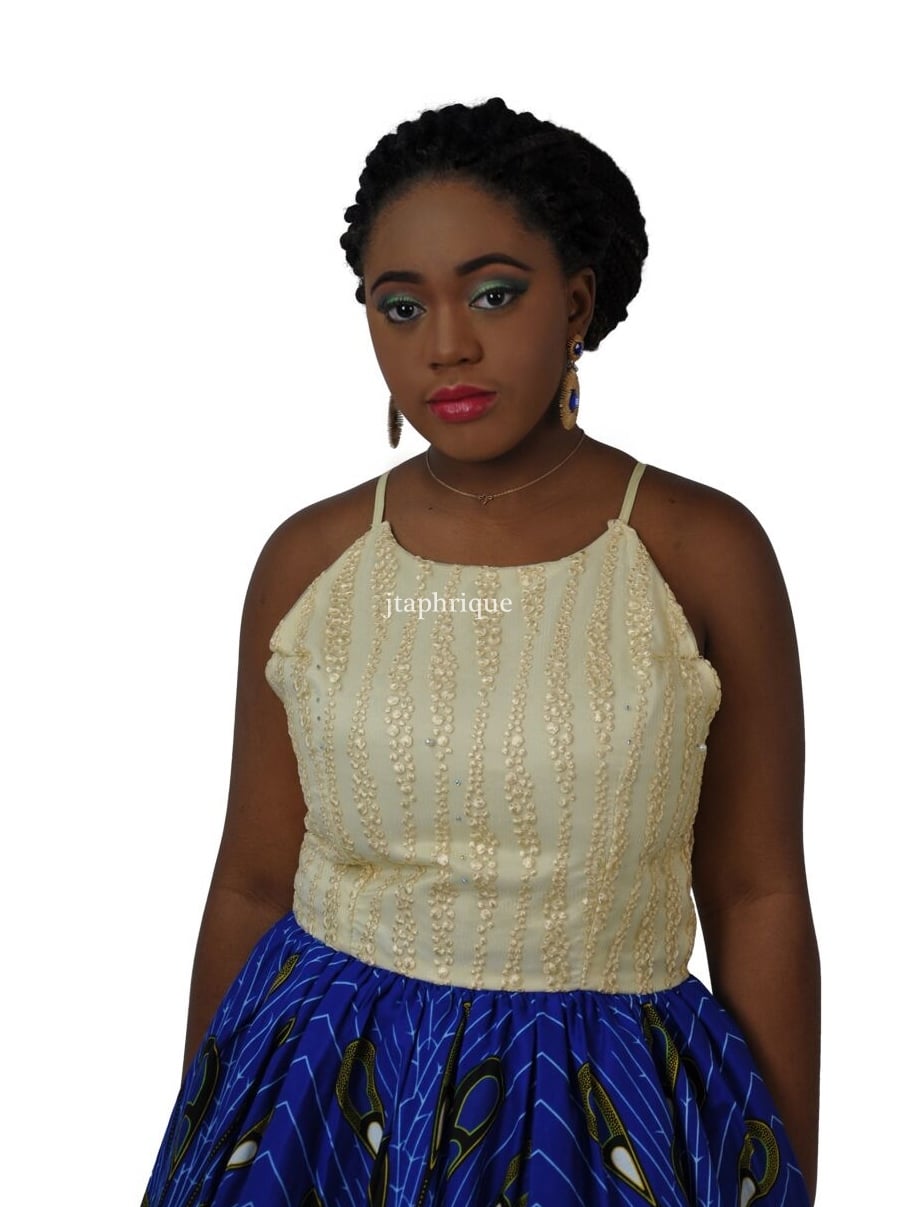 Cream & Blue Peacock Occasion Dress