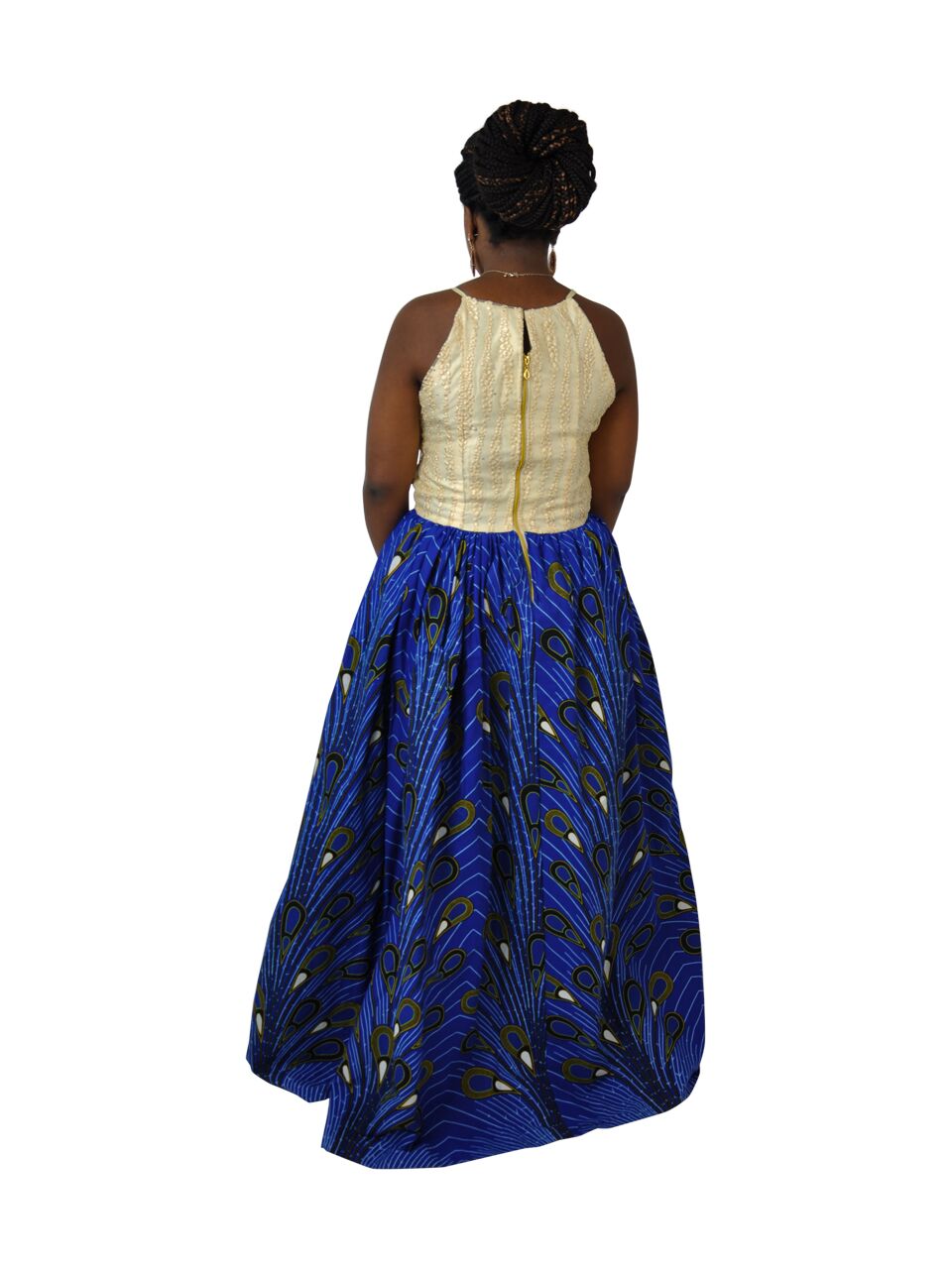 Cream & Blue Peacock Occasion Dress