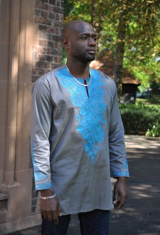 Grey & Turquoise Embroidered Shirt