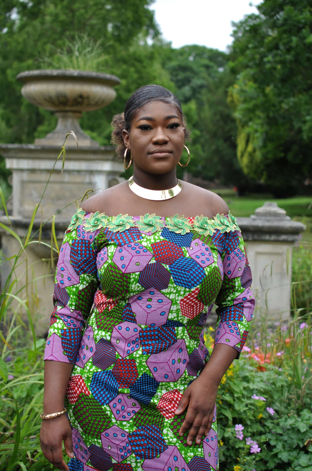 Lace Trim African Print Fit & Flare Occasion Dress