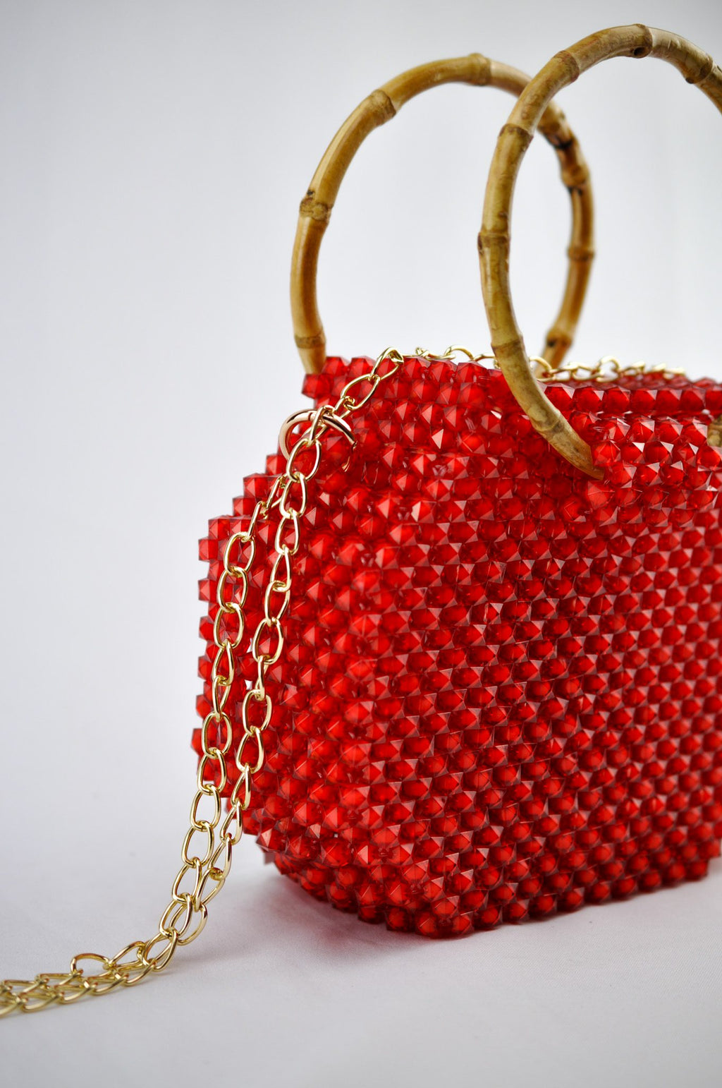 Red Octagon Fola Bamboo Handle Beaded Bag