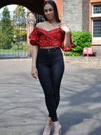 Red & Black African Print Wrap Top