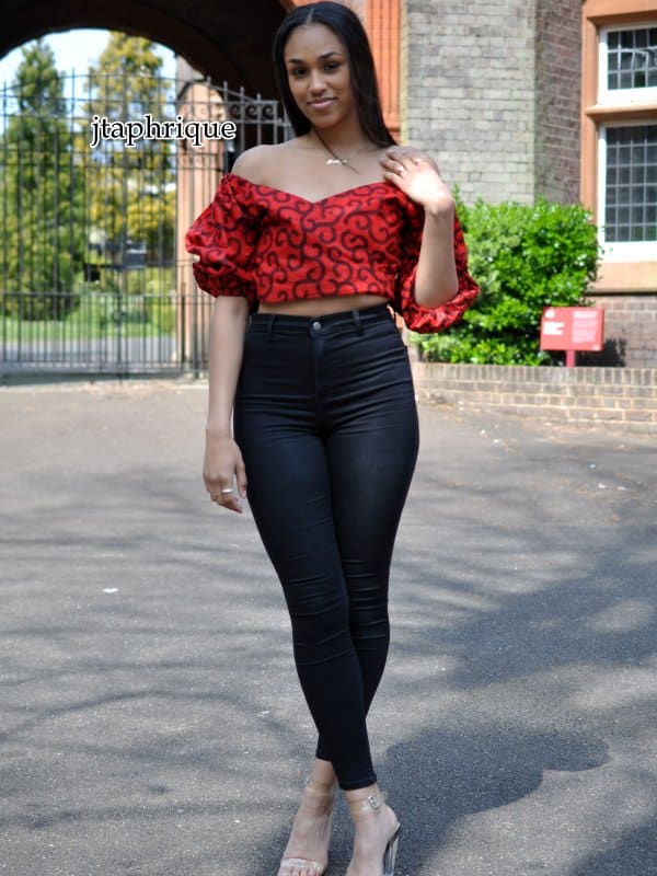 Red & Black African Print Wrap Top