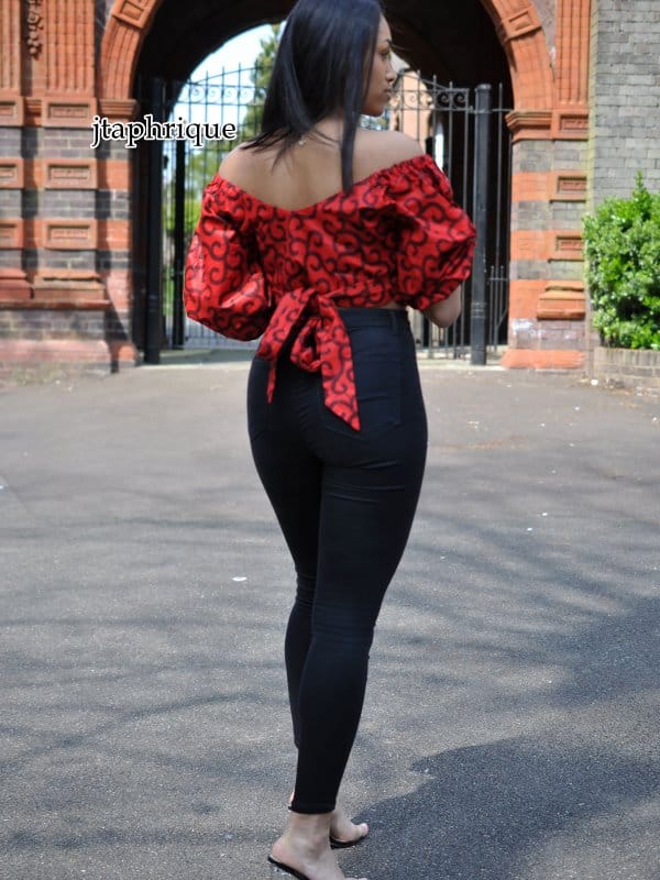 Red & Black African Print Wrap Top