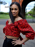 Red & Black African Print Wrap Top