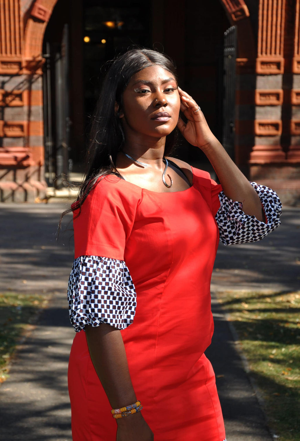 Red Polished Cotton Ankara Checker Dress
