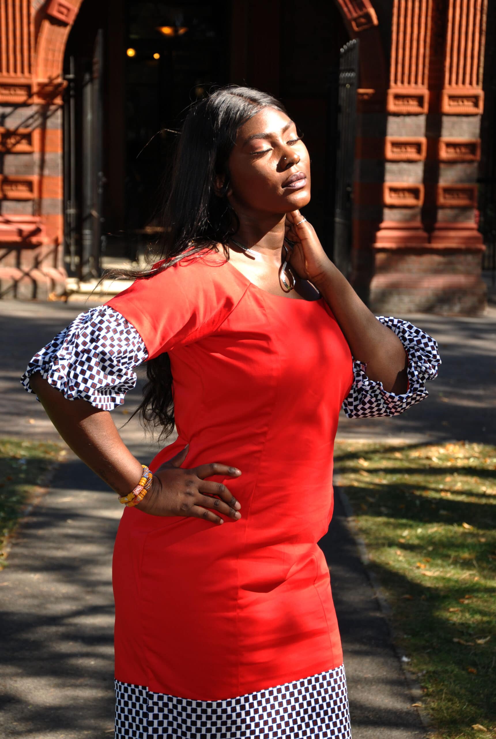 Red Polished Cotton Ankara Checker Dress