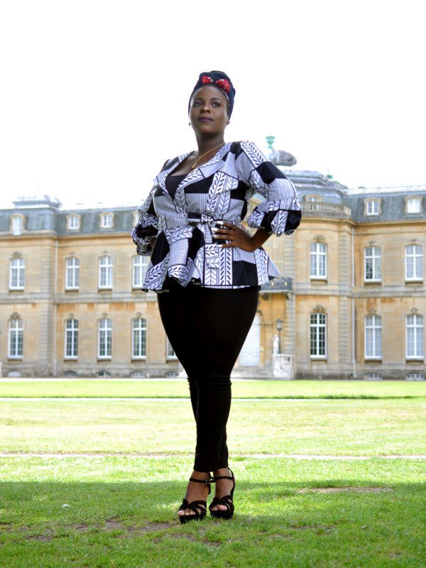 White & Black African Print Peplum Wrap Top