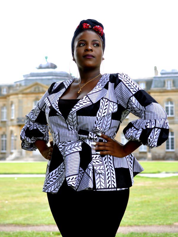 White & Black African Print Peplum Wrap Top